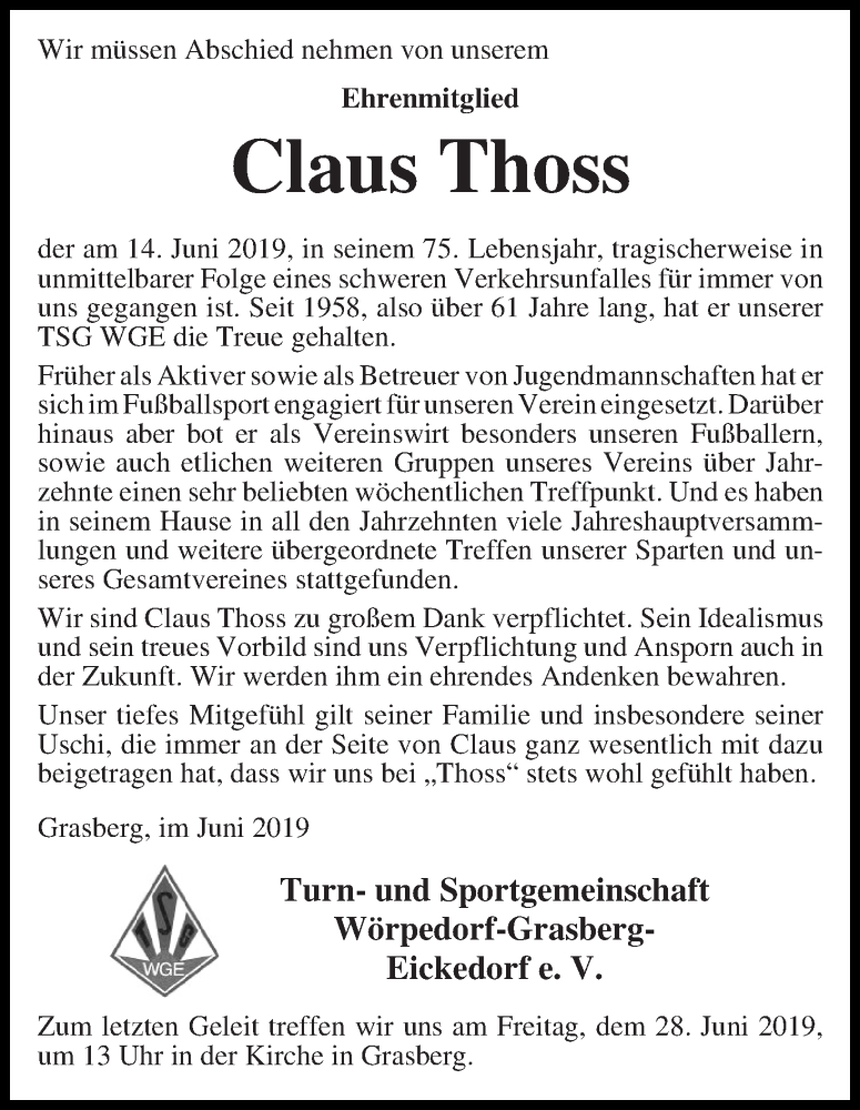  Traueranzeige für Claus Thoss vom 22.06.2019 aus Wuemme Zeitung