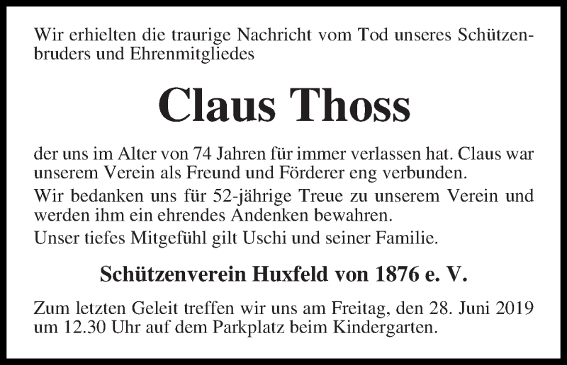  Traueranzeige für Claus Thoss vom 24.06.2019 aus Wuemme Zeitung