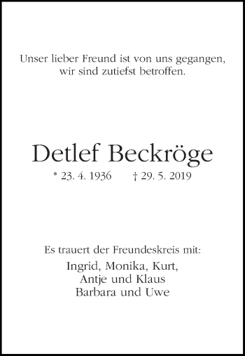 Traueranzeige von Detlef Beckröge