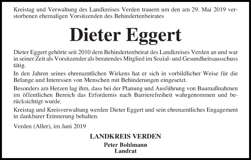 Traueranzeige von Dieter Eggert von Achimer Kurier/Verdener Nachrichten
