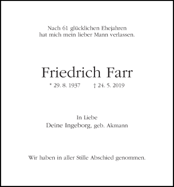 Traueranzeige von Friedrich Farr