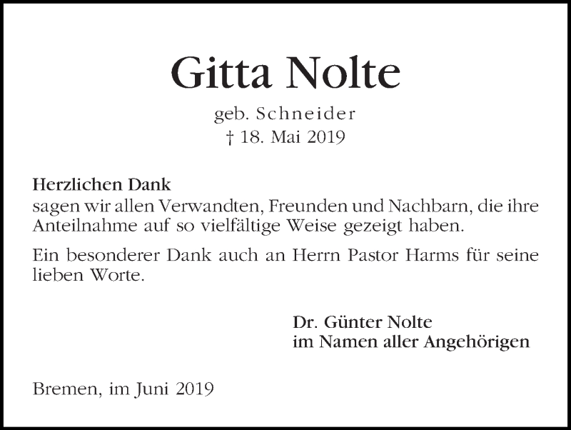  Traueranzeige für Gitta Nolte vom 08.06.2019 aus WESER-KURIER