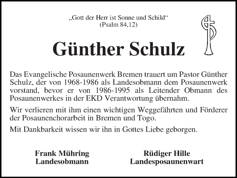Traueranzeige von Günther Schulz von WESER-KURIER