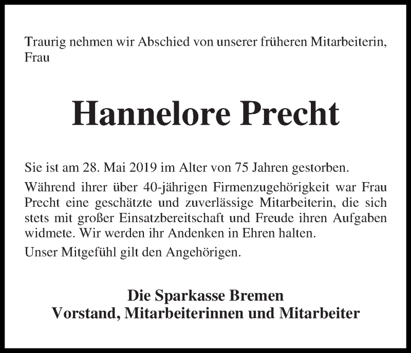  Traueranzeige für Hannelore Precht vom 08.06.2019 aus WESER-KURIER