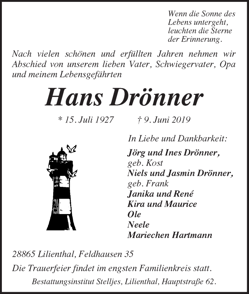  Traueranzeige für Hans Drönner vom 12.06.2019 aus Wuemme Zeitung