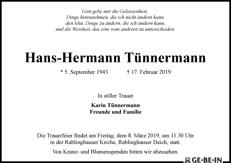  Traueranzeige für Hans-Hermann Tünnermann vom 02.03.2019 aus WESER-KURIER