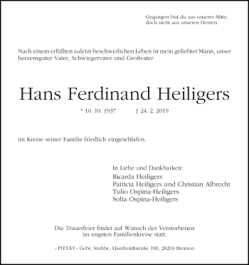 Traueranzeige von Hans Ferdinand Heiligers