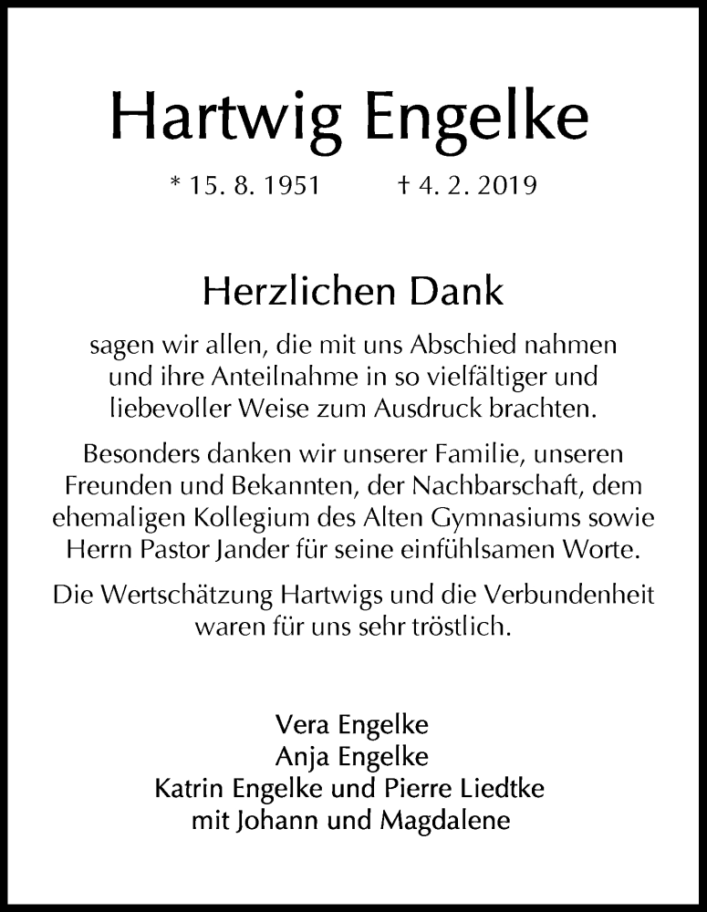  Traueranzeige für Hartwig Engelke vom 02.03.2019 aus WESER-KURIER
