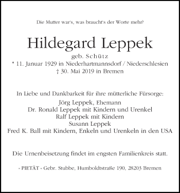 Traueranzeige von Hildegard Leppek