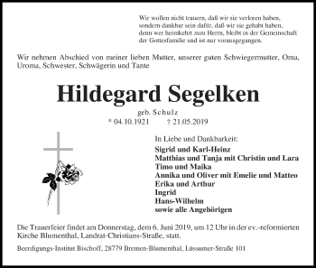Traueranzeige von Hildegard Segelken