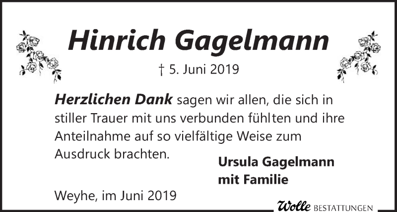  Traueranzeige für Hinrich Gagelmann vom 29.06.2019 aus Regionale Rundschau/Syker Kurier