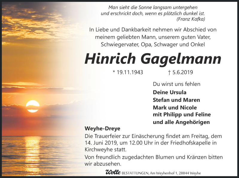  Traueranzeige für Hinrich Gagelmann vom 08.06.2019 aus Regionale Rundschau/Syker Kurier