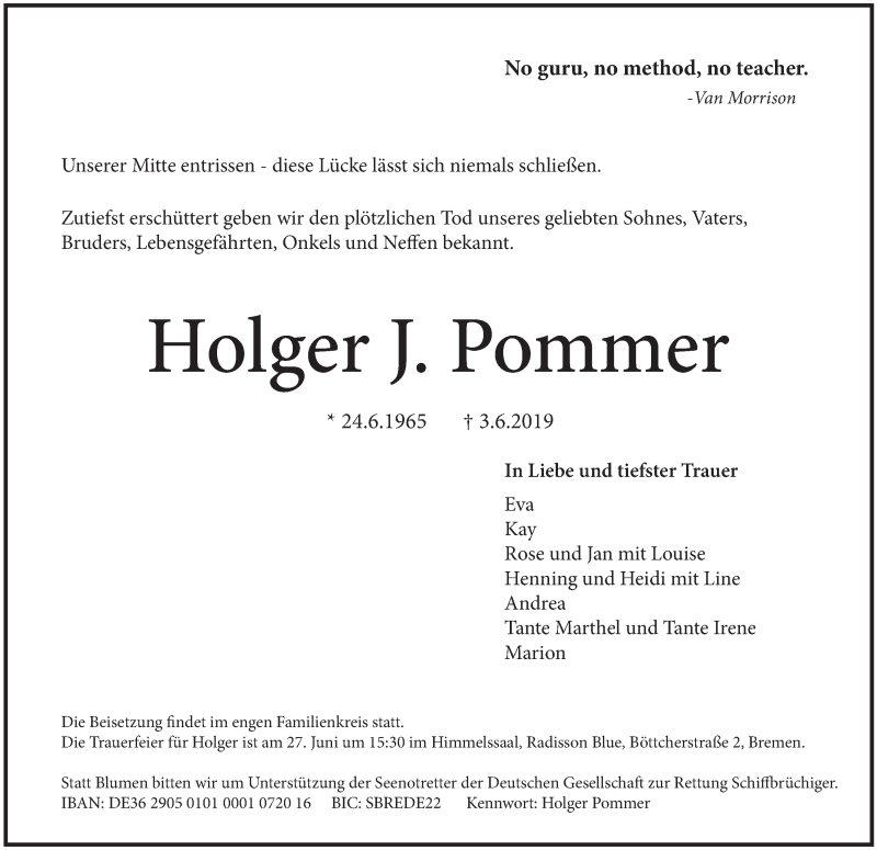  Traueranzeige für Holger Pommer vom 15.06.2019 aus WESER-KURIER