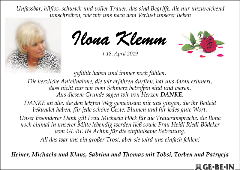  Traueranzeige für Ilona Klemm vom 01.06.2019 aus WESER-KURIER