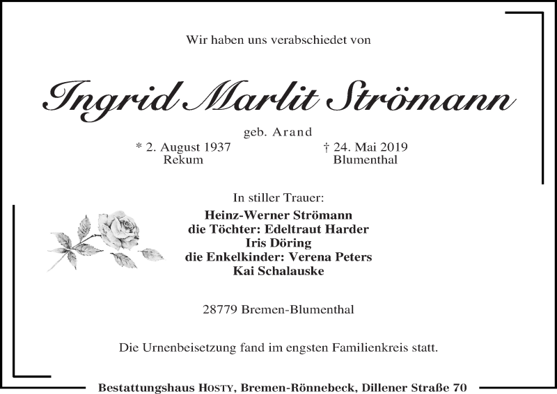  Traueranzeige für Ingrid Marlit Strömann vom 15.06.2019 aus Die Norddeutsche