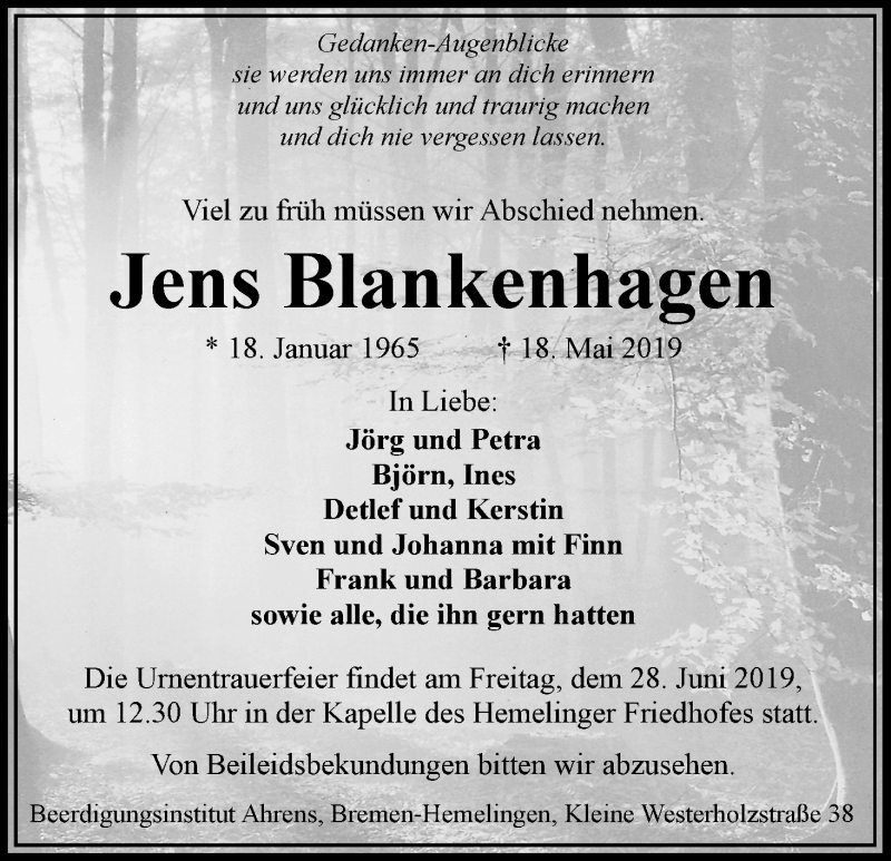  Traueranzeige für Jens Blankenhagen vom 15.06.2019 aus WESER-KURIER