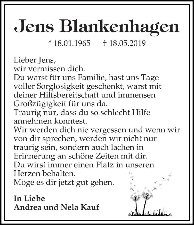  Traueranzeige für Jens Blankenhagen vom 15.06.2019 aus WESER-KURIER