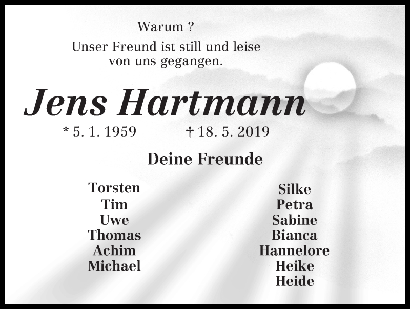  Traueranzeige für Jens Hartmann vom 22.06.2019 aus Osterholzer Kreisblatt