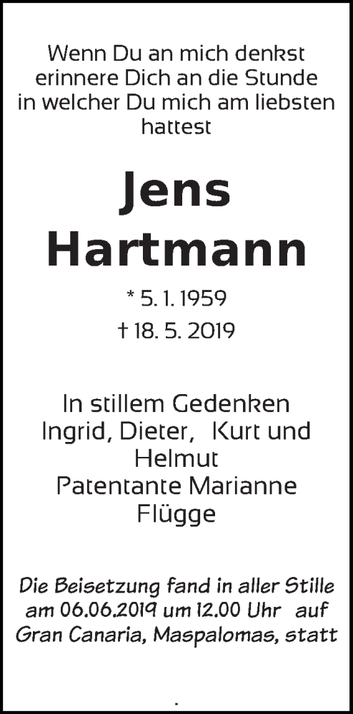  Traueranzeige für Jens Hartmann vom 15.06.2019 aus WESER-KURIER
