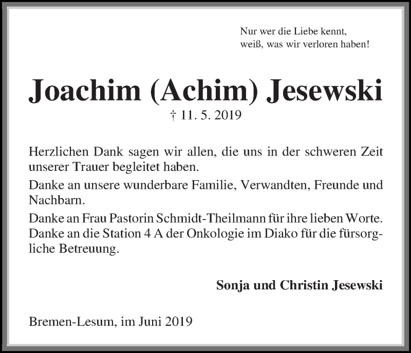  Traueranzeige für Joachim (Achim) Jesewski vom 15.06.2019 aus Die Norddeutsche