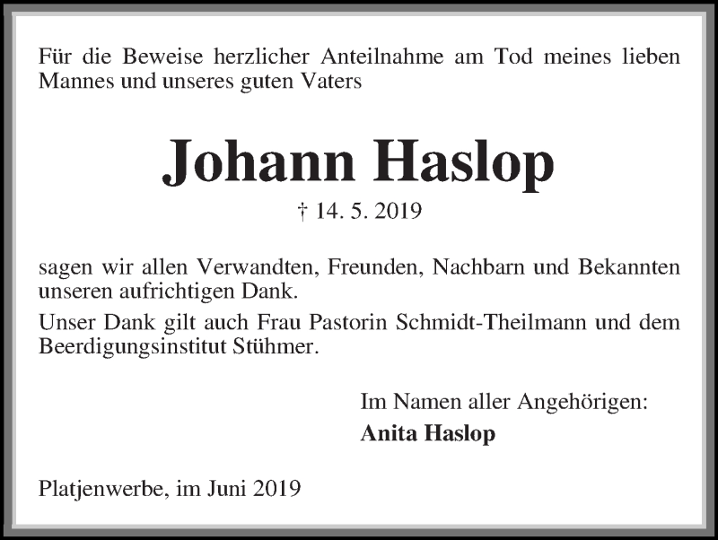  Traueranzeige für Johann Haslop vom 01.06.2019 aus Die Norddeutsche