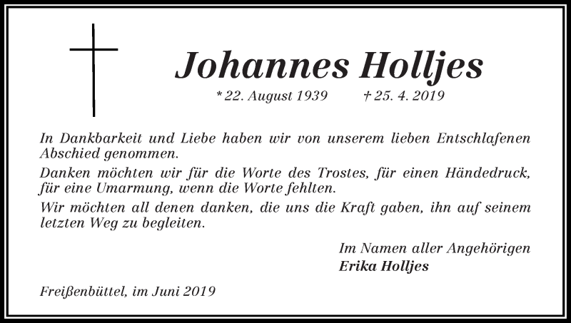 Traueranzeige von Johannes Holljes von Osterholzer Kreisblatt
