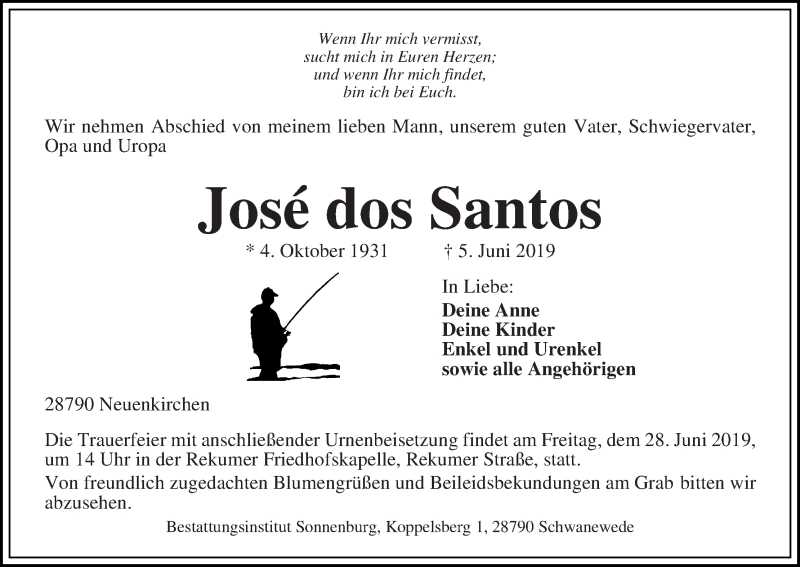 Traueranzeige von José dos Santos von Die Norddeutsche