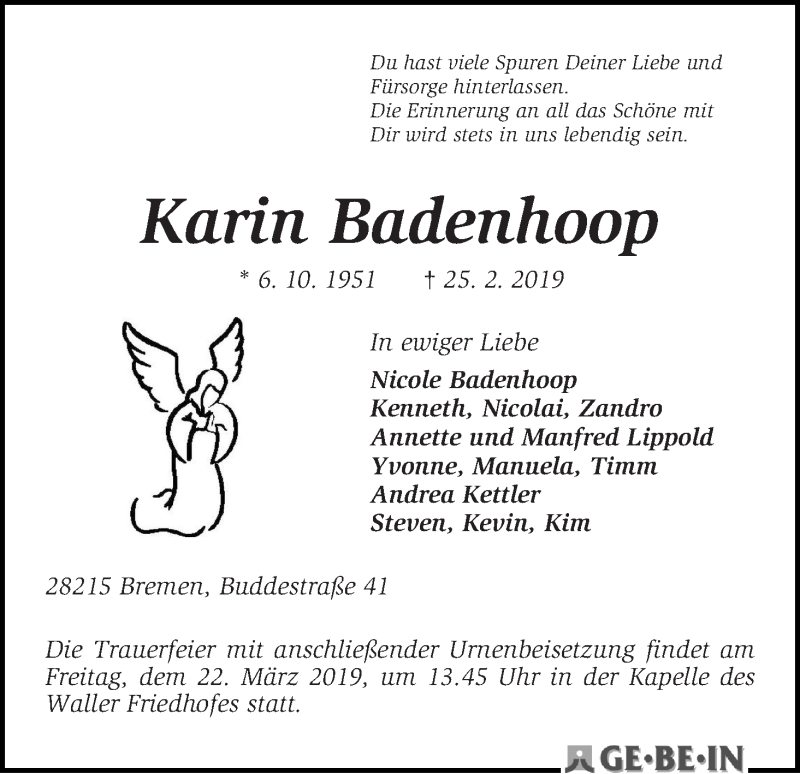  Traueranzeige für Karin Badenhoop vom 02.03.2019 aus WESER-KURIER