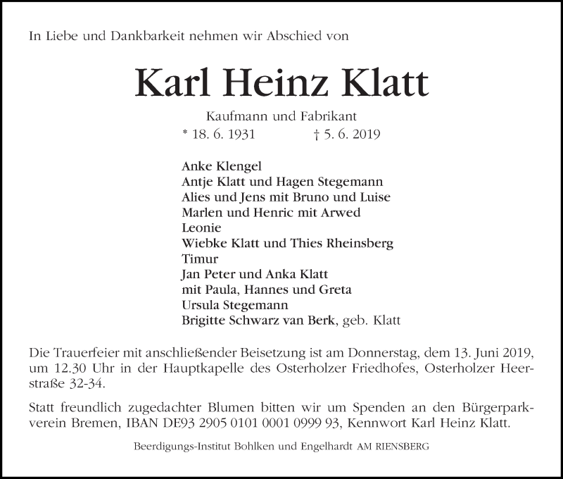  Traueranzeige für Karl Heinz Klatt vom 08.06.2019 aus WESER-KURIER