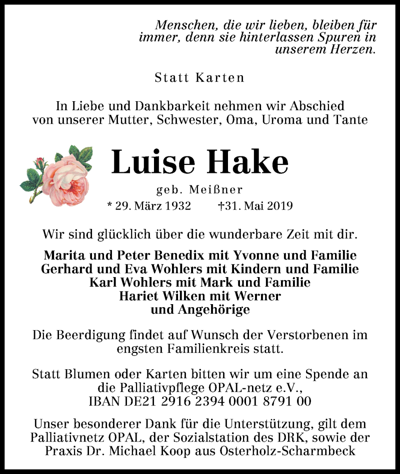 Traueranzeige von Luise Hake von WESER-KURIER