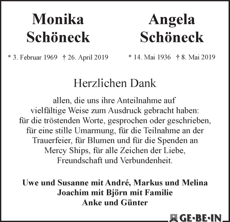 Traueranzeige von Monika und Angela Schöneck von WESER-KURIER
