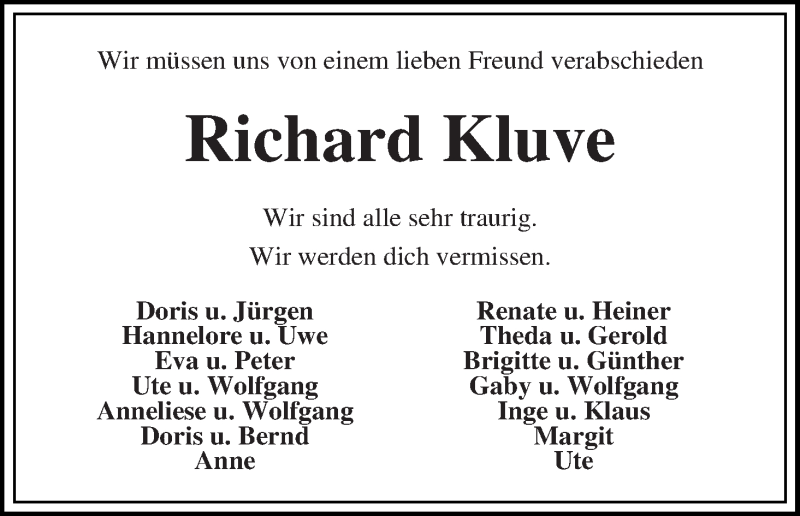  Traueranzeige für Richard Kluve vom 25.06.2019 aus WESER-KURIER