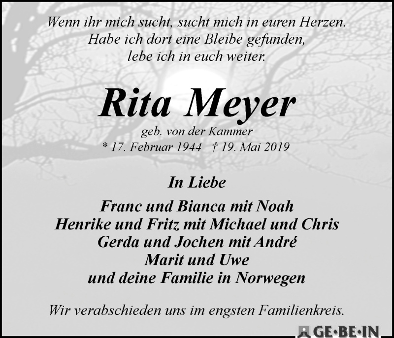 Traueranzeige von Rita Meyer von WESER-KURIER