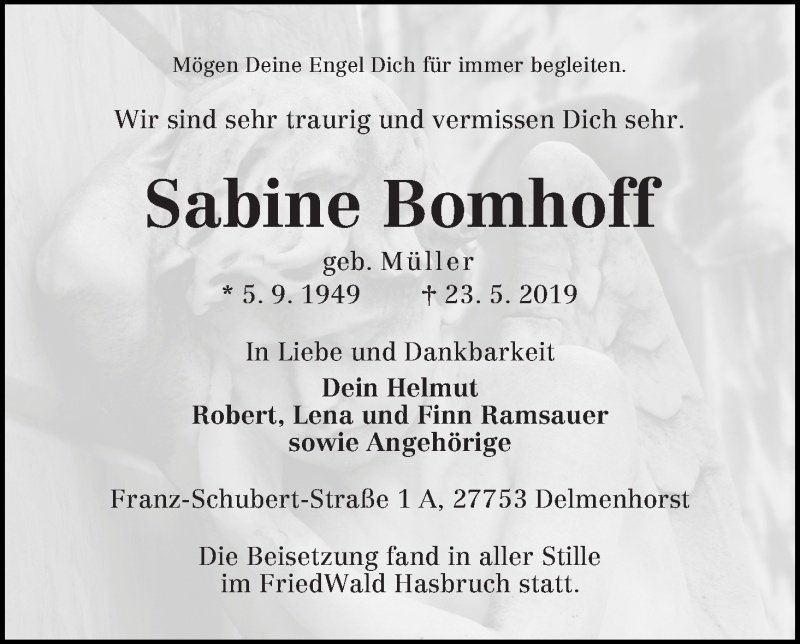  Traueranzeige für Sabine Bomhoff vom 08.06.2019 aus WESER-KURIER