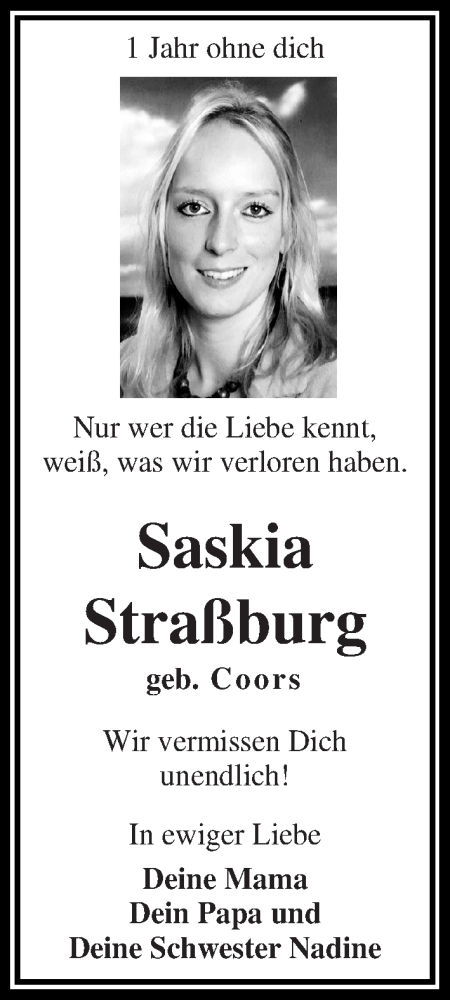  Traueranzeige für Saskia Coors vom 11.06.2019 aus WESER-KURIER