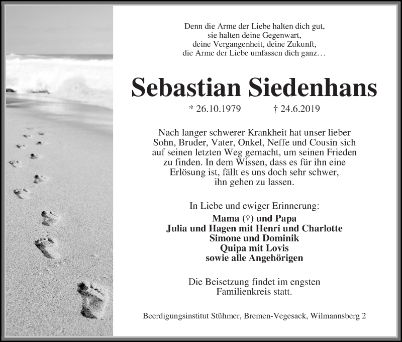 Traueranzeige von Sebastian Siedenhans von Die Norddeutsche
