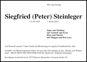 Traueranzeige von Siegfried (Peter) Steinleger