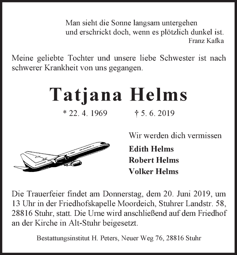 Traueranzeige für Tatjana Helms vom 13.06.2019 aus Regionale Rundschau/Syker Kurier