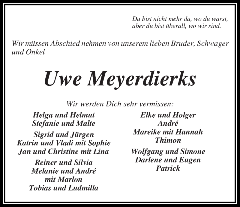  Traueranzeige für Uwe Meyerdierks vom 12.06.2019 aus Wuemme Zeitung