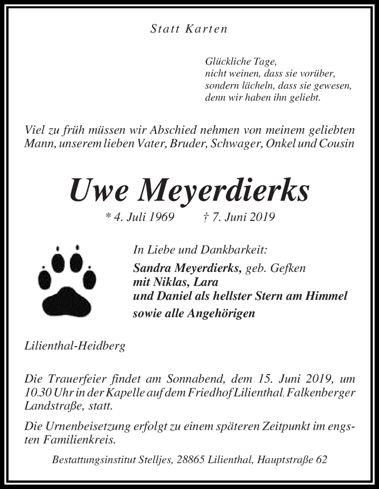  Traueranzeige für Uwe Meyerdierks vom 12.06.2019 aus Wuemme Zeitung