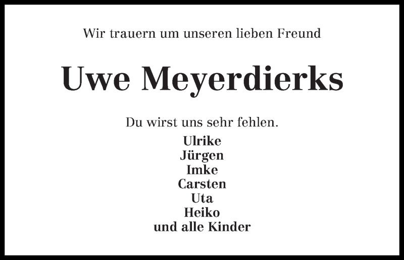  Traueranzeige für Uwe Meyerdierks vom 13.06.2019 aus Wuemme Zeitung