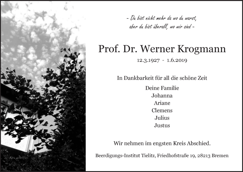 Traueranzeige von Werner Krogmann von WESER-KURIER
