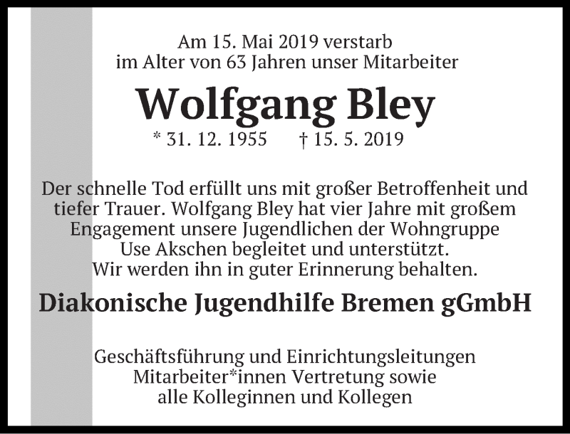 Traueranzeigen von Wolfgang Bley | Trauer & Gedenken