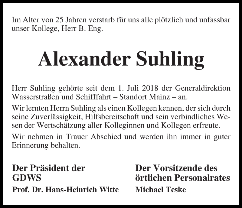  Traueranzeige für Alexander Suhling vom 18.07.2019 aus WESER-KURIER