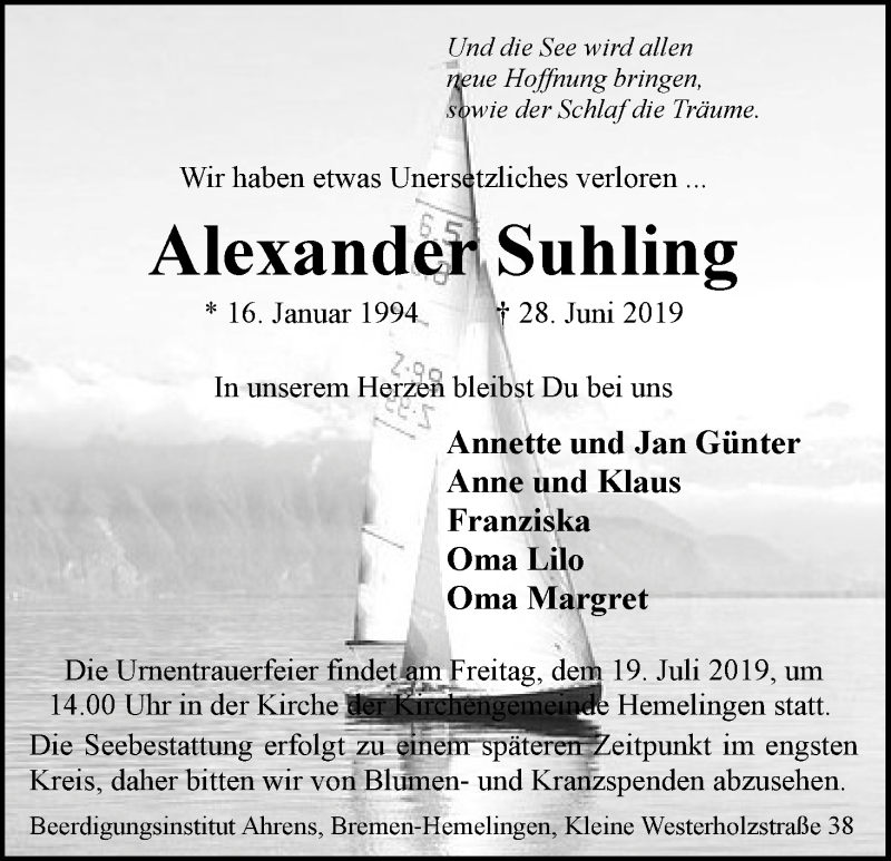  Traueranzeige für Alexander Suhling vom 13.07.2019 aus WESER-KURIER
