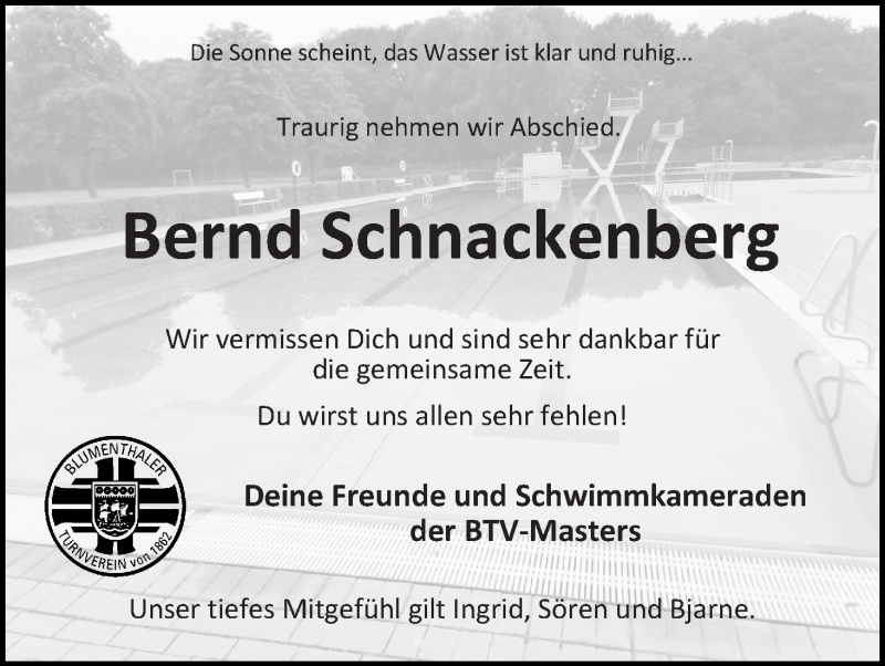  Traueranzeige für Bernd Schnackenberg vom 27.07.2019 aus Die Norddeutsche