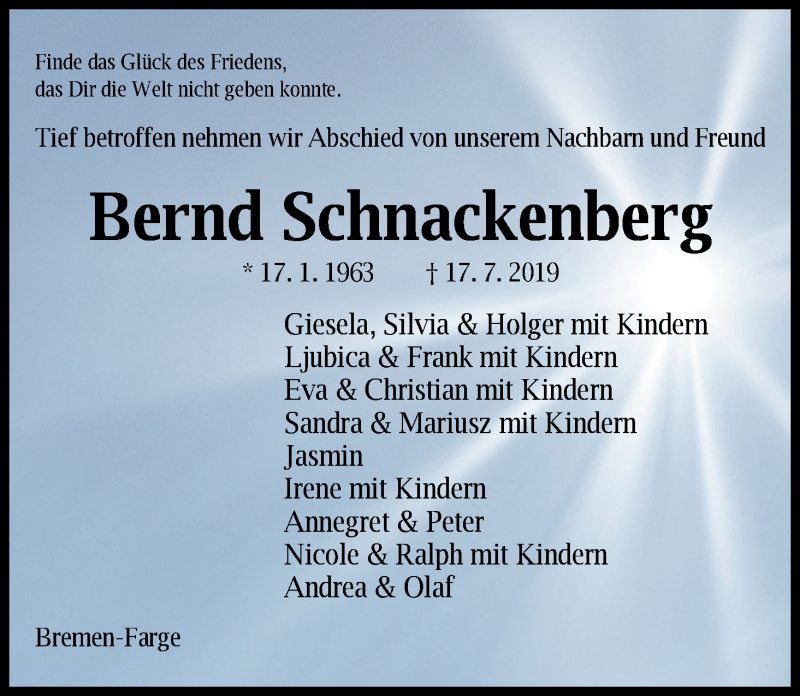  Traueranzeige für Bernd Schnackenberg vom 27.07.2019 aus Die Norddeutsche