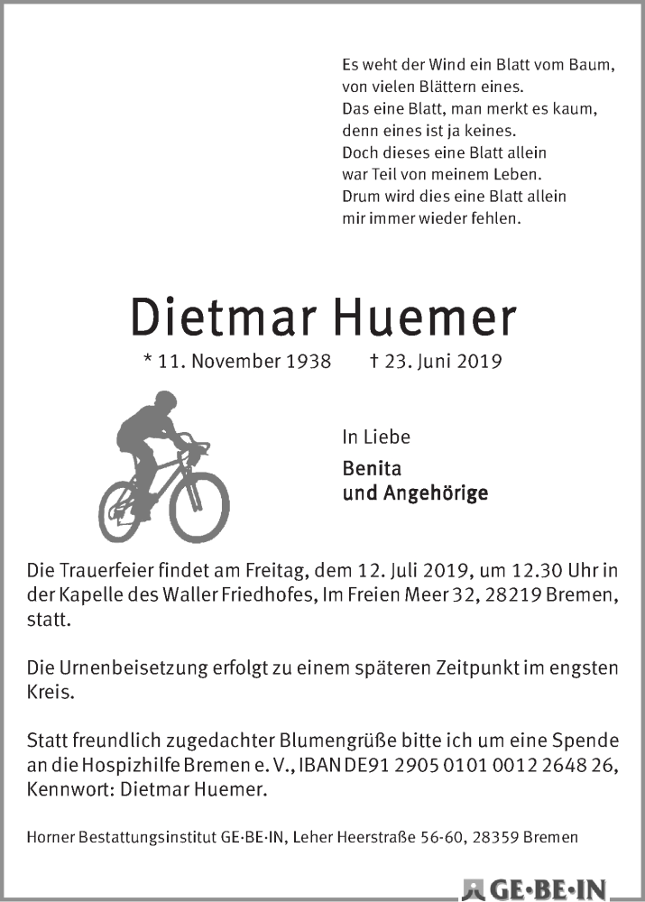  Traueranzeige für Dietmar Huemer vom 03.07.2019 aus WESER-KURIER