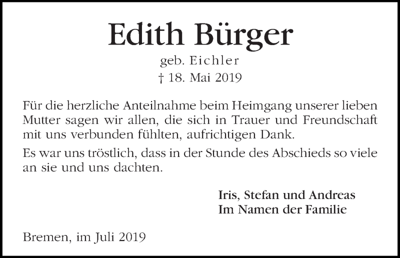 Traueranzeige von Edith Bürger von WESER-KURIER