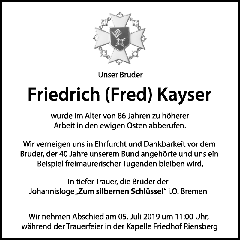 Traueranzeige von Friedrich (Fred) Kayser von WESER-KURIER